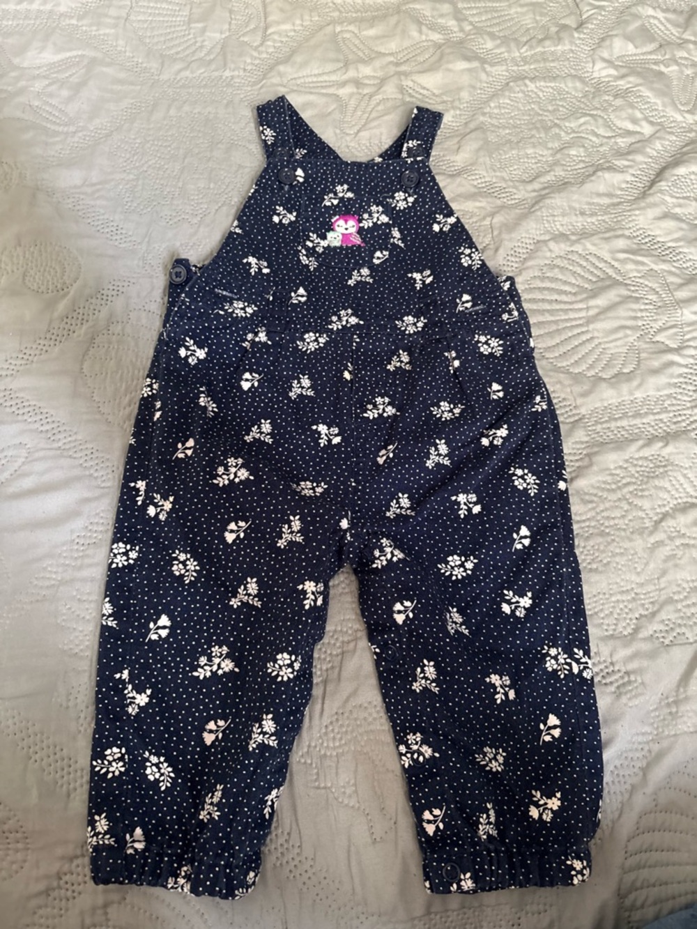 Carter's Navy Floral Dot Overalls with Pink Owl Accent
